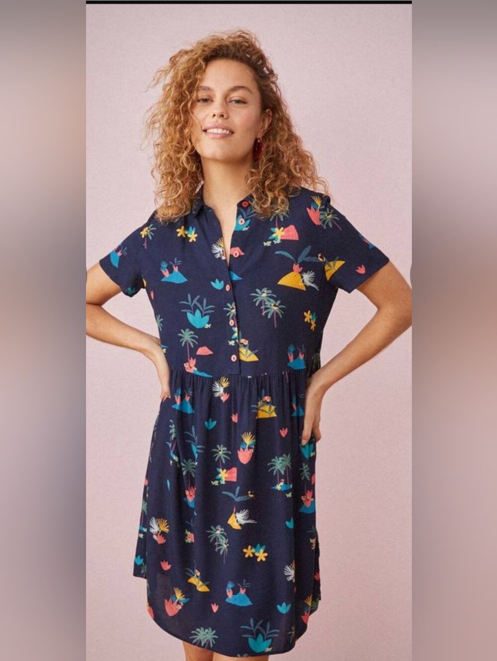 Des Petits Hauts Verinette Tropical Navy Shirt Dress, Approximate Size M